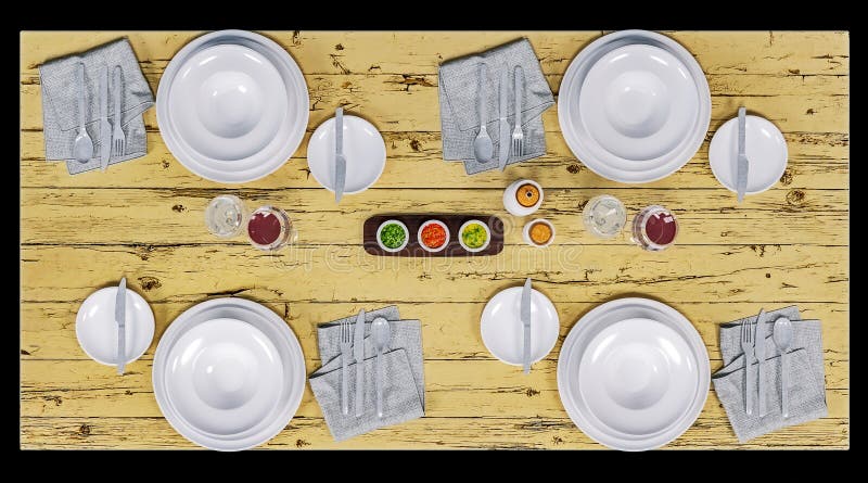 Dessus en bas de vue d'une table de dîner d'isolement sur le noir, maquette, rendu 3d photographie stock Dessus en bas de vue d'une table de dîner d'isolement sur le noir, maquette, rendu 3d photographie stock