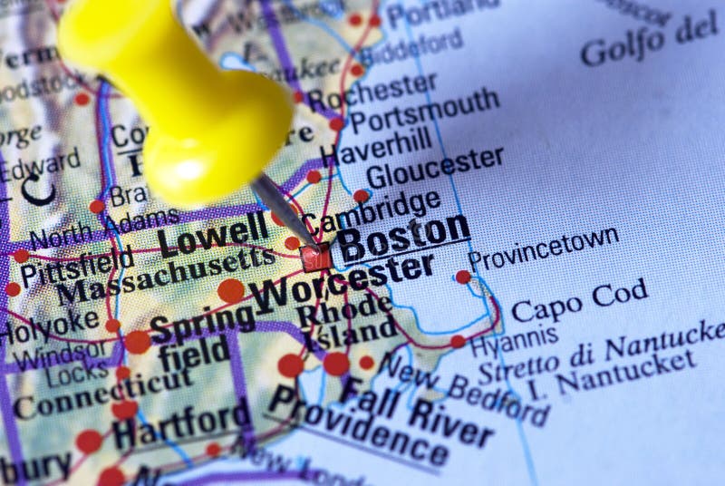 A map focused on Boston city. The Boston letters are in focus, while the rest is slightly blurred. Atlas book stock images, royalty-free photos and pictures