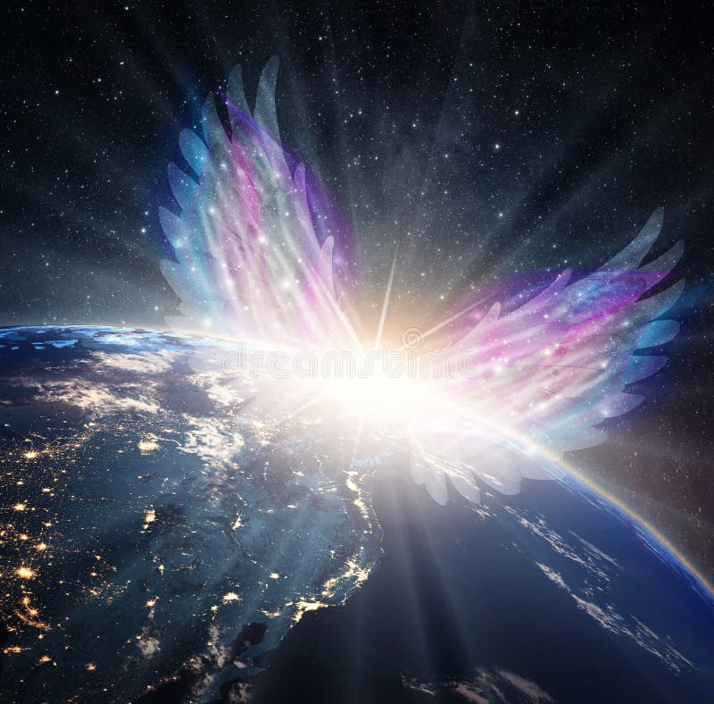 Angel touch, divine intervention, synchronicity, giving blessings, watching over Earth planet from space, orbit Angel touch, divine intervention, synchronicity, giving blessings, watching over Earth planet from space, orbit