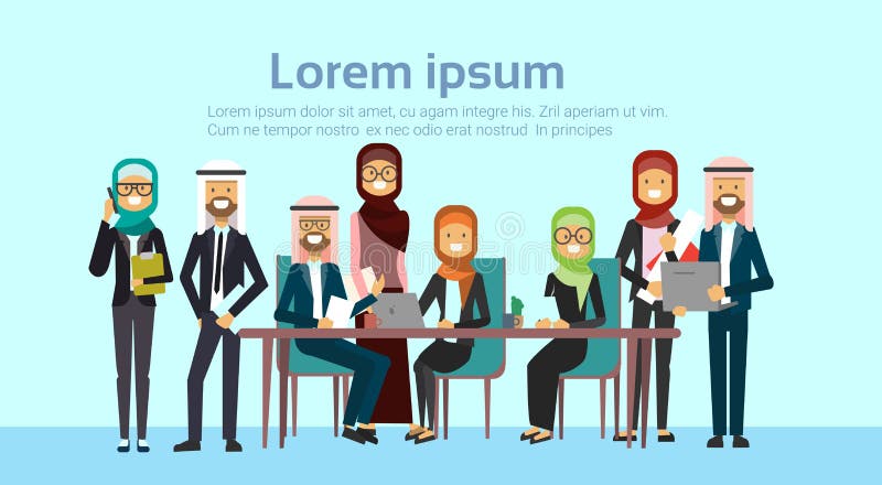 Det arabiska mötet för gruppen för affärsfolk sitter tillsammans på kontorsskrivbordet, idékläckning för utbildning för muslimbus vektor illustrationer Det arabiska mötet för gruppen för affärsfolk sitter tillsammans på kontorsskrivbordet, idékläckning för utbildning för muslimbus vektor illustrationer