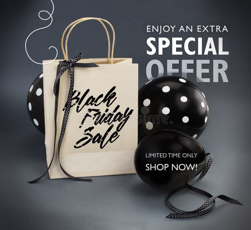 Det Black Friday försäljningsbanret som innehåller den återanvända pappers- påsen som dekoreras med det svarta satängbandet och s arkivbilder Det Black Friday försäljningsbanret som innehåller den återanvända pappers- påsen som dekoreras med det svarta satängbandet och s arkivbilder
