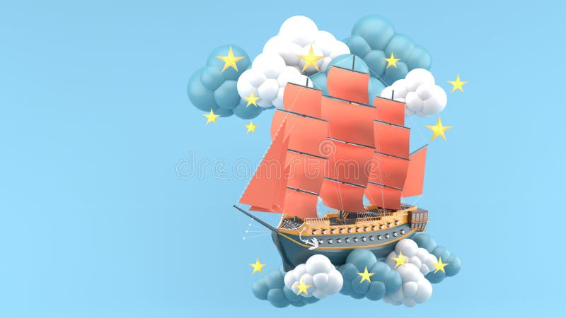 Det blåa skeppet med orange seglar att sväva i molnen och stjärnorna på den blåa bakgrunden royaltyfri illustrationer Det blåa skeppet med orange seglar att sväva i molnen och stjärnorna på den blåa bakgrunden royaltyfri illustrationer