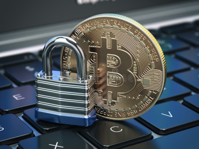 Det Cryptocurrency bitcoinmyntet och hänglåset låser på den keyboar datoren royaltyfri illustrationer