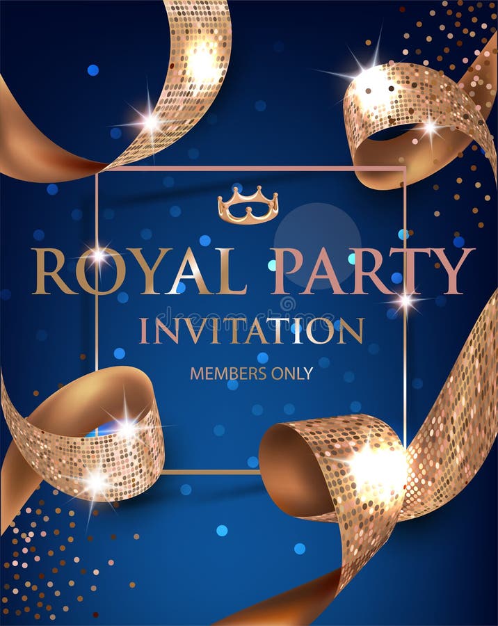 Det eleganta kortet för blåttvip-inbjudan med texturerad guld krullade guld- band också vektor för coreldrawillustration royaltyfri illustrationer