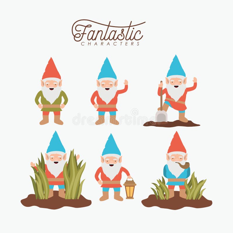 Det fantastiska teckenet för gnomen - ställ in med dräkten och symboler på vit bakgrund stock illustrationer Det fantastiska teckenet för gnomen - ställ in med dräkten och symboler på vit bakgrund stock illustrationer