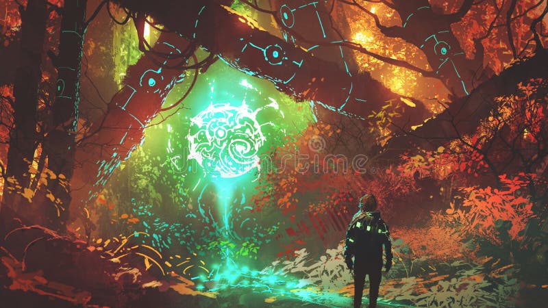 Det futuristiska ljuset av den förtrollade skogen stock illustrationer Det futuristiska ljuset av den förtrollade skogen stock illustrationer