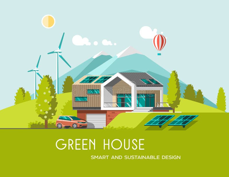 Det gröna vänliga moderna huset för energi och för ecoen på berget landskap bakgrund Sol- vindkraft vektor illustrationer