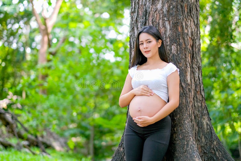 Det härliga asiatiska gravid kvinnaleendet, lutar på trädet och trycker på hennes buk med blick framåtriktat bland grön trädgård royaltyfri bild Det härliga asiatiska gravid kvinnaleendet, lutar på trädet och trycker på hennes buk med blick framåtriktat bland grön trädgård royaltyfri bild