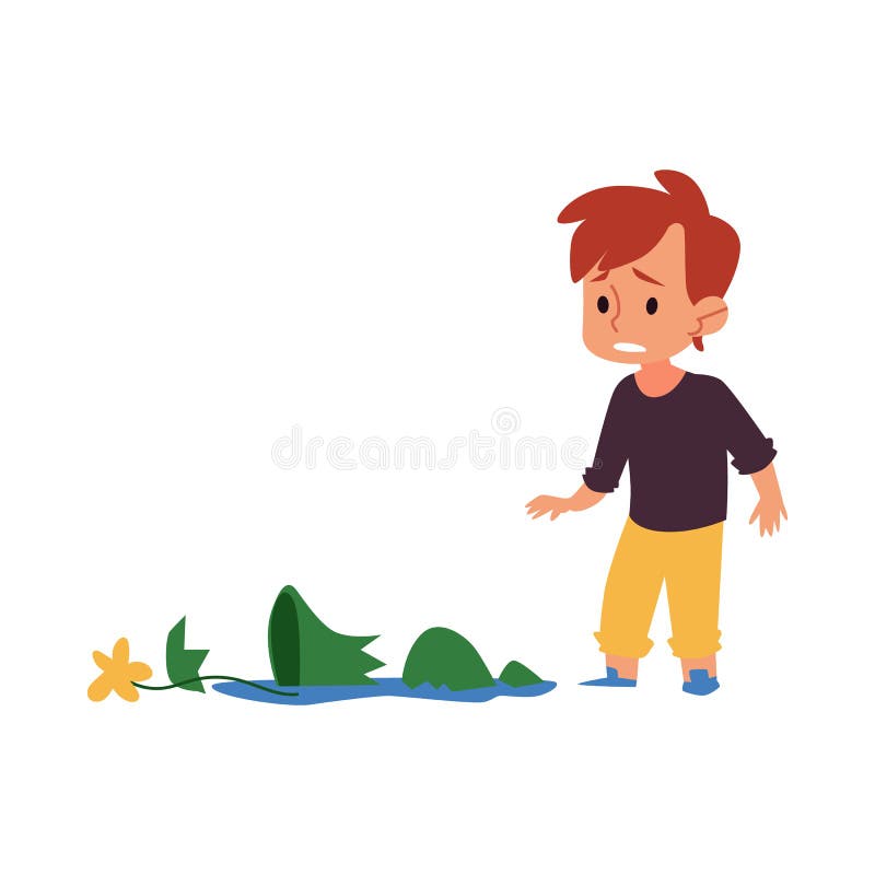 Det ledsna barnet som ser den brutna vasen, den skyldiga tecknad filmpojken i problem, bröt en blomkruka in i stycken vektor illustrationer Det ledsna barnet som ser den brutna vasen, den skyldiga tecknad filmpojken i problem, bröt en blomkruka in i stycken vektor illustrationer
