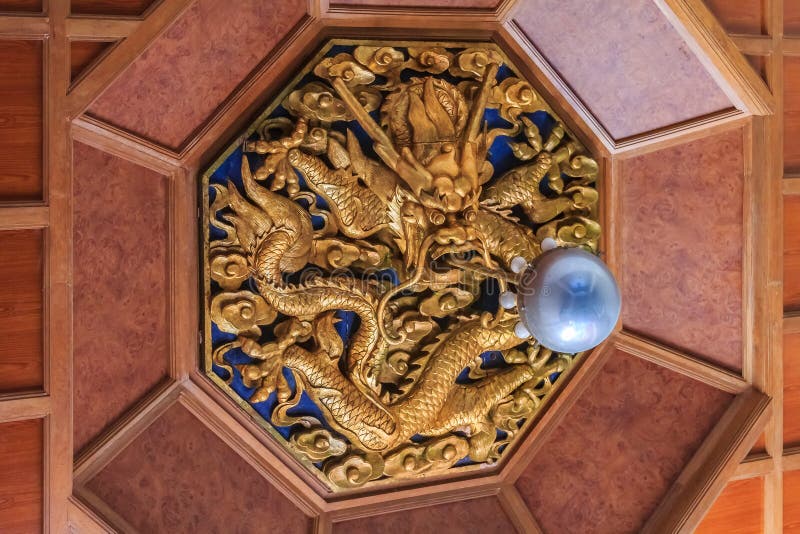 Det ljusa fasta tillbehöret av en utsmyckad guld- drake som jagar pärlan, grundar royaltyfria foton Det ljusa fasta tillbehöret av en utsmyckad guld- drake som jagar pärlan, grundar royaltyfria foton