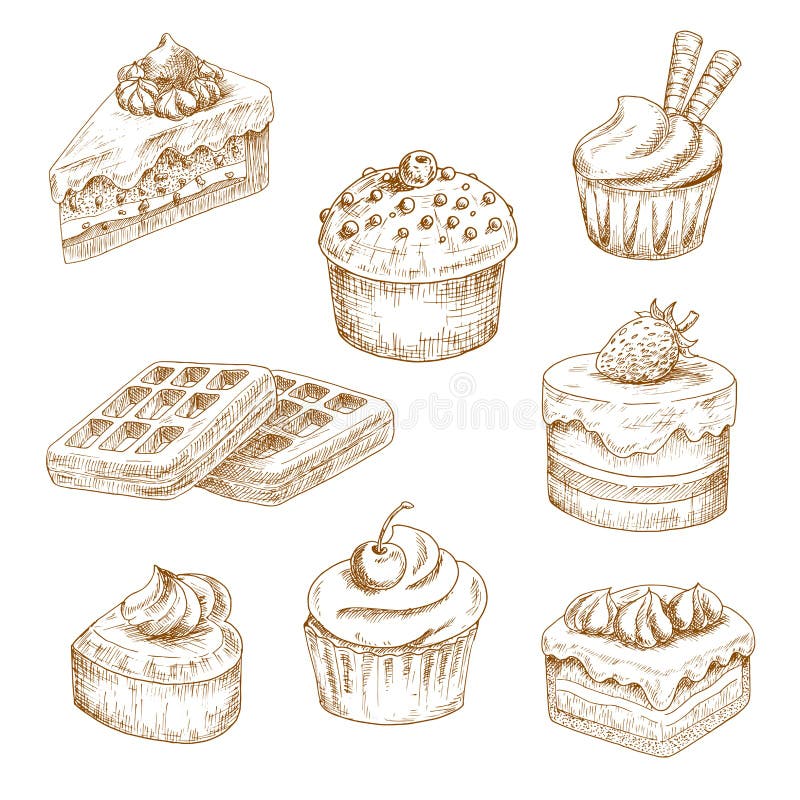 Cupcakes and muffin, chocolate cakes and fruity dessert, heart shaped cake and belgian waffles, topped with whipped cream, custard icing, sprinkles, wafer tubes and chocolate drops. Sketches. Cupcakes and muffin, chocolate cakes and fruity dessert, heart shaped cake and belgian waffles, topped with whipped cream, custard icing, sprinkles, wafer tubes and chocolate drops. Sketches