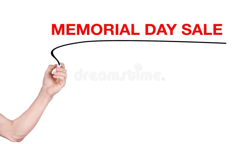 Memorial Day Sale word write on white background by men hand holding highlighter pen. Memorial Day Sale word write on white background by men hand holding highlighter pen