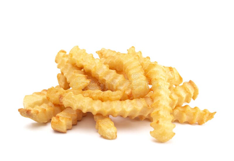Fresh Cut and Cooked Crinkle Fries Isolated on a White Background. Fresh Cut and Cooked Crinkle Fries Isolated on a White Background