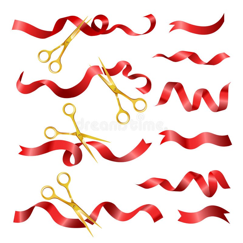Det röda bandet och guld- saxen som klipper för ceremoniöppningsvektor, isolerade symbolen 3D