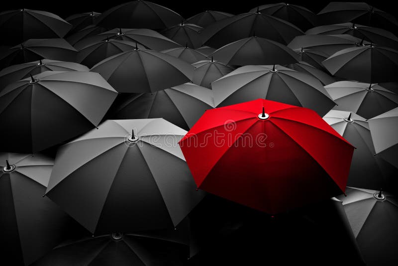 Det röda paraplyet står ut från folkmassan Olikt ledare