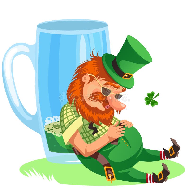 Det St Patrick dagtrollet med rånar av grönt öl, glass fullt alkoholöl, berusad mancylinder med celtic irländskt symbol stock illustrationer