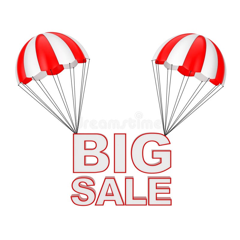 Det stora Sale teckenflyget hoppa fallskärm på framförande 3d royaltyfri illustrationer Det stora Sale teckenflyget hoppa fallskärm på framförande 3d royaltyfri illustrationer