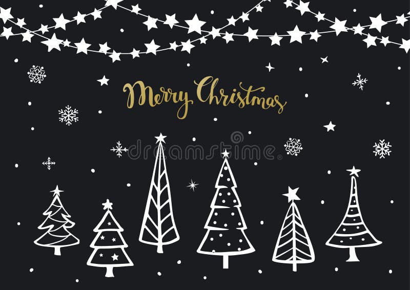 Det svarta kortet för hälsningen för bakgrund för det lyckliga nya året för glad jul för vit guld med xmas-tecknade filmen sörjer stock illustrationer