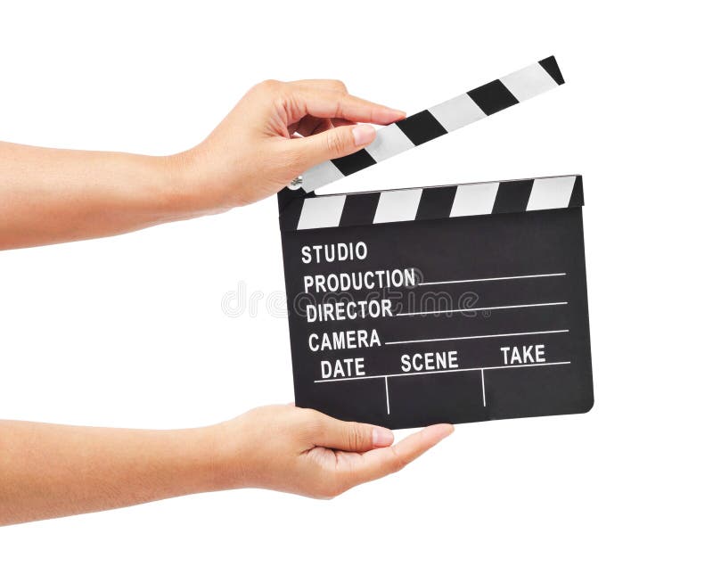 Blank movie production clapper board or slate film in hand on white background, Save clipping path. Blank movie production clapper board or slate film in hand on white background, Save clipping path.