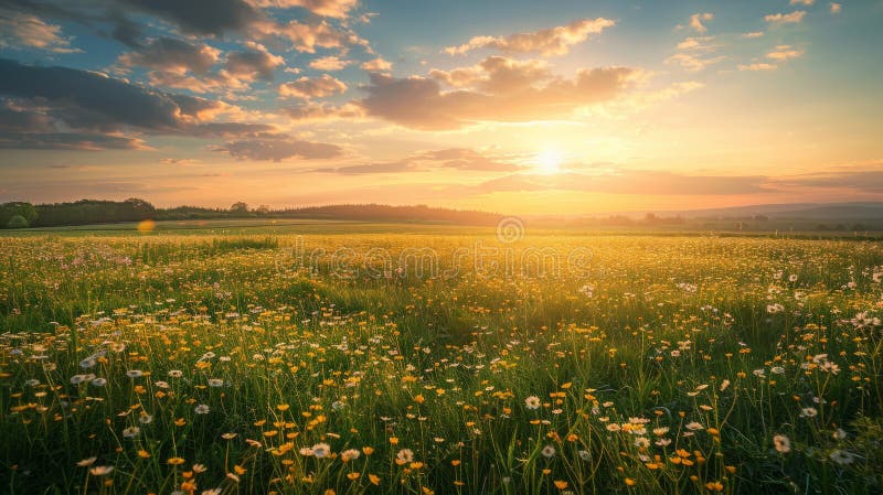 Det varma solljuset belyser ett lush-fält med daisier som skapar ett stillastående och bildligt landsbygdslandskap vektor illustrationer