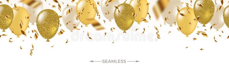 Det vita Celebratory sömlösa banret -, gult, blänker guld- ballonger och guld- foliekonfettier