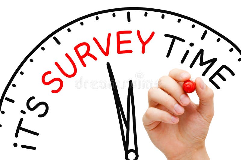 Hand writing It`s Survey Time on drawn clock with marker pen on transparent glass board. Hand writing It`s Survey Time on drawn clock with marker pen on transparent glass board.