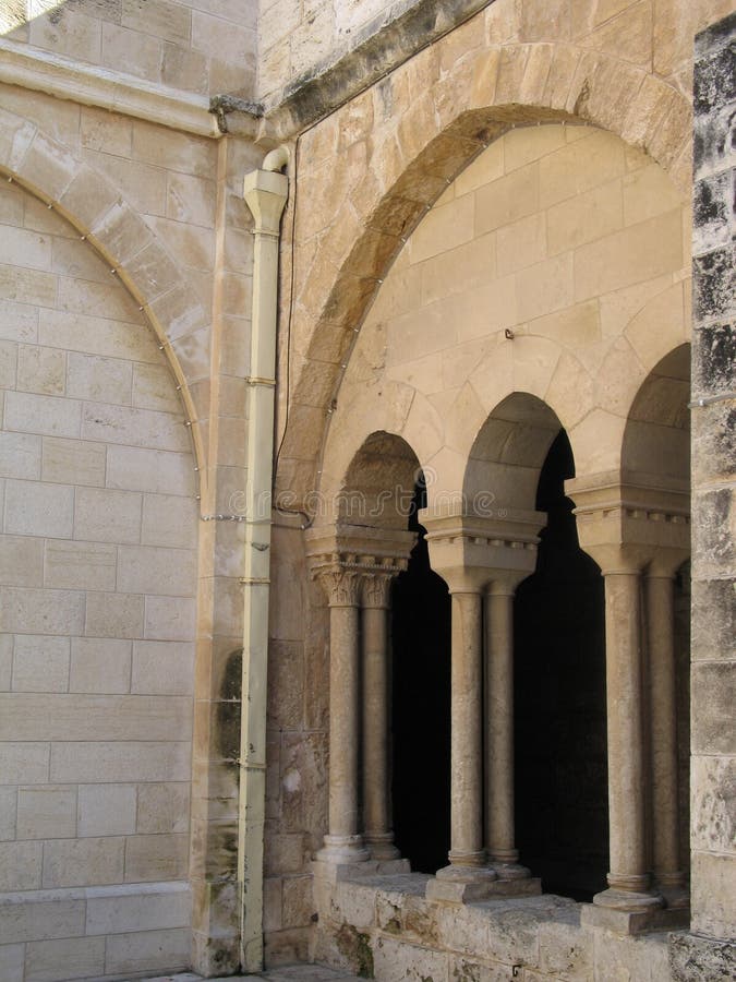 Detail of arcade in Bethlehem stock photography