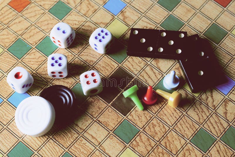 Detail of Board games, dominoes, checkers, checkers and dice. royalty free ...