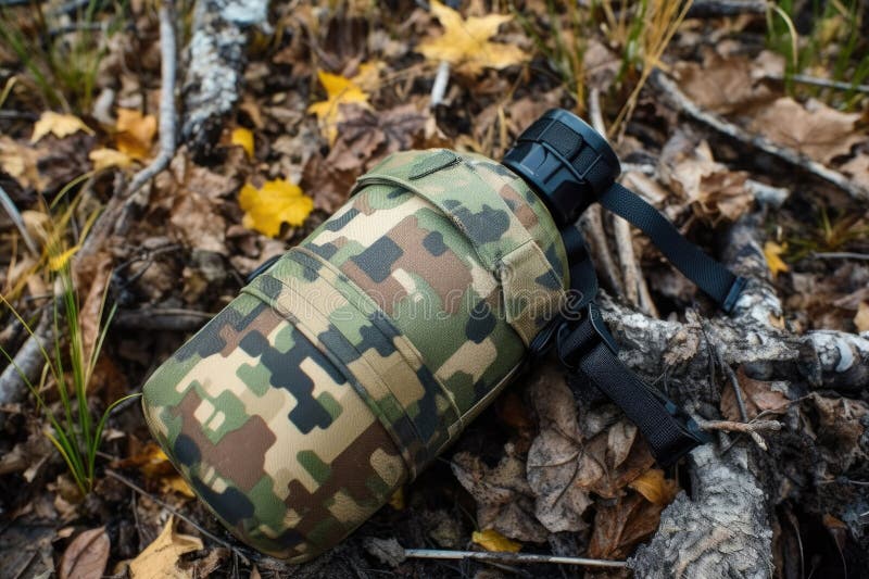 Detail of camouflage pattern on soldiers water flask, created with generative ai AI generated