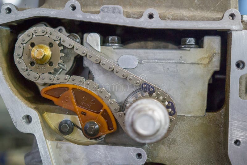 Detail of the Car Engine with Gears and Chain. Close Up Stock Image