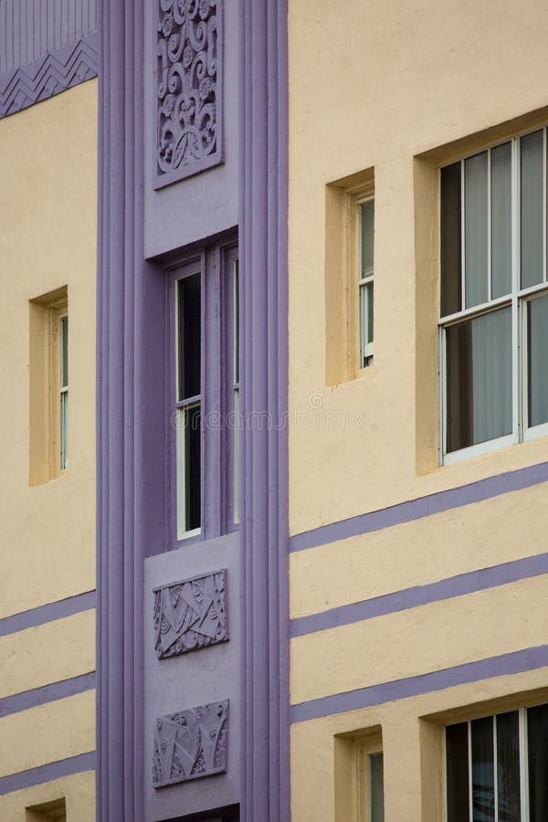 Detail of a classical art deco facade on Ocean drive in Miami Be