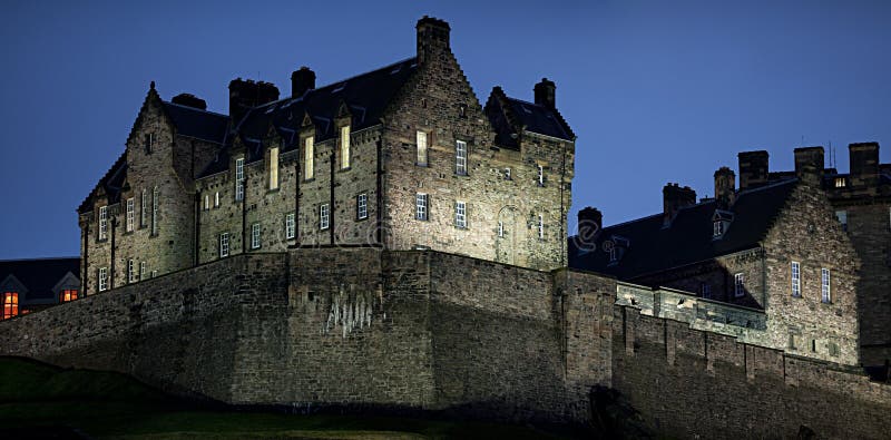 Detail of Edinburgh Castle at nightfall in winter