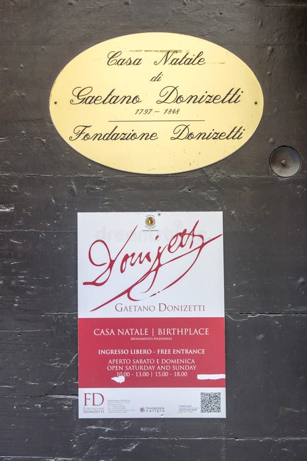 Detail facade information sign house born Gaetano Donizetti in