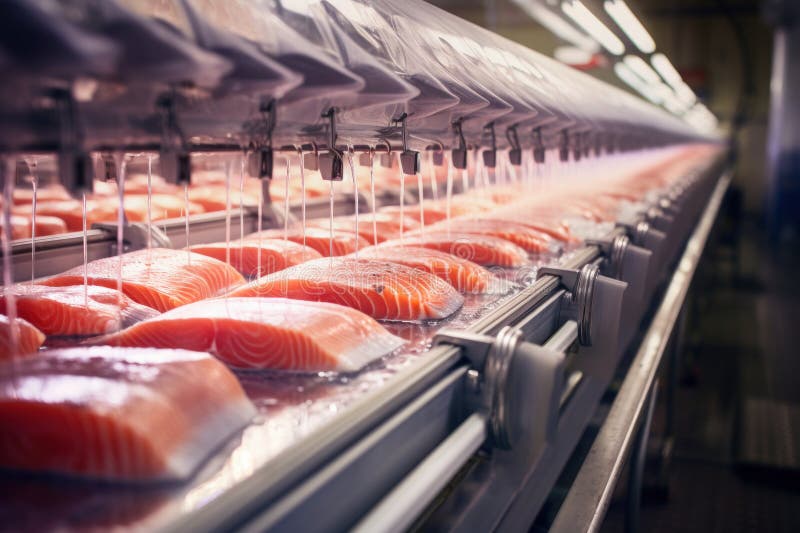 The Detail of a Fish Salmon Factory, Processing Line. Fish and Food
