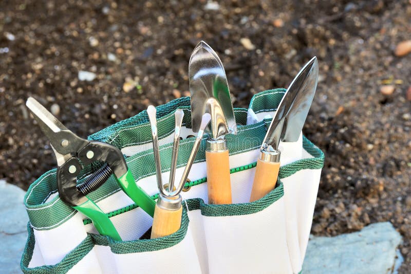 Detail of gardening tools in tool bag
