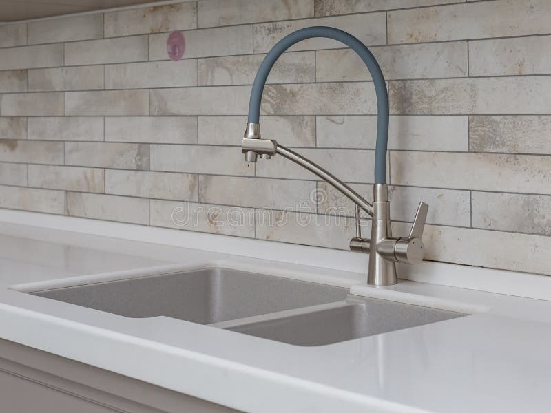 Detail of a Gray Rectangular Designer Kitchen Sink with a Water Tap