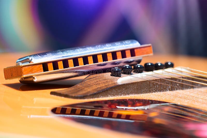 Detail of guitar strings with supported harmonica for country music under the stage lights