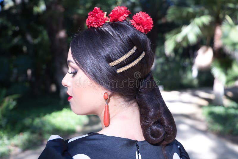 Attractive Flamenco Dancer Wearing Traditional Red Dress With Flower In Her  Hair Stock Photo Picture And Royalty Free Image Image 36853978