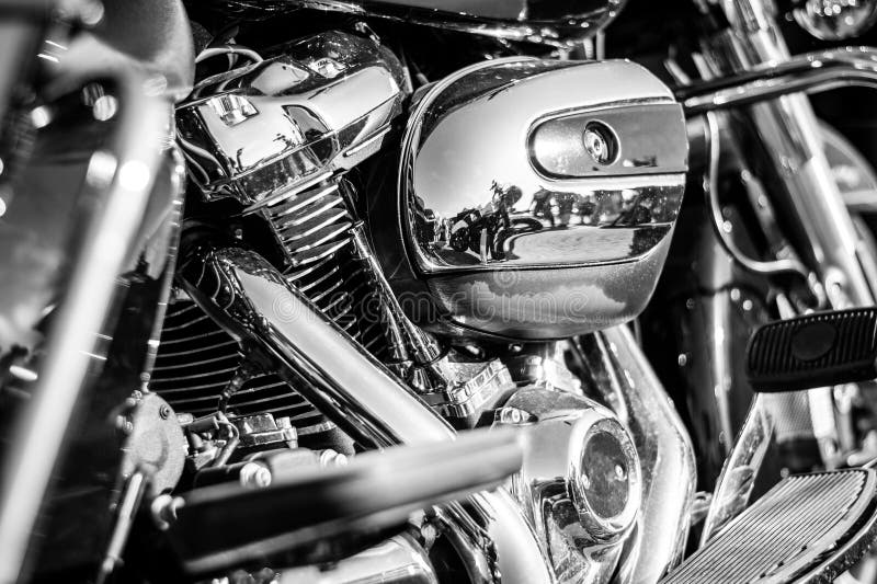 Detail of a Harley Davidson motorcycle. Black and white photo.