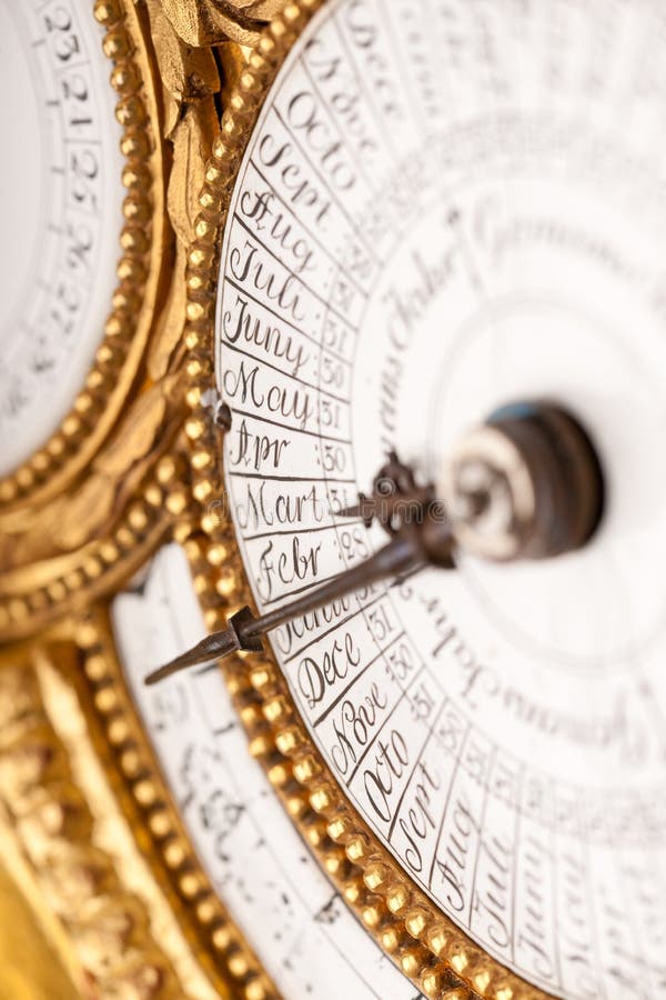 Detail of historic clock with calendar royalty free stock photos