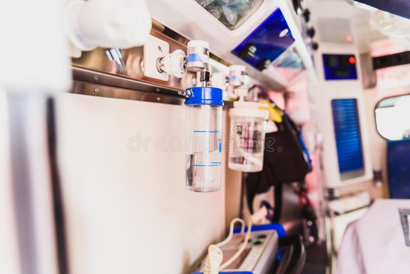 Detail of the interior of an ambulance, equipped with oxygen breathing system and other medical materials stock photography Detail of the interior of an ambulance, equipped with oxygen breathing system and other medical materials stock photography