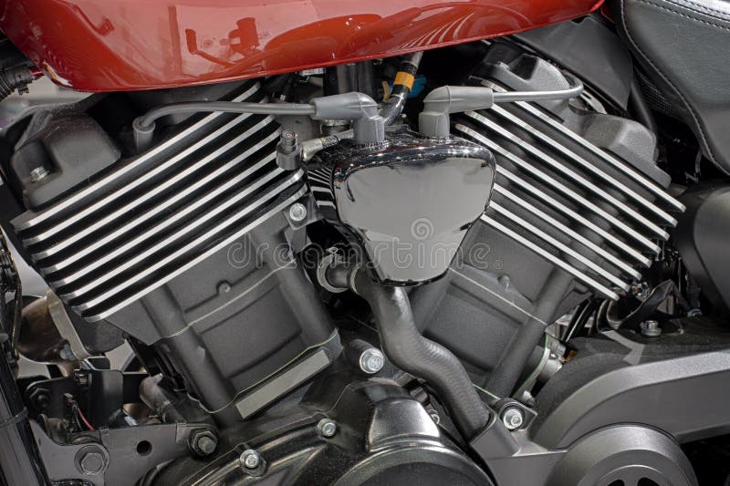 Detail of liquid cooled V-twin engine of motorcycle.