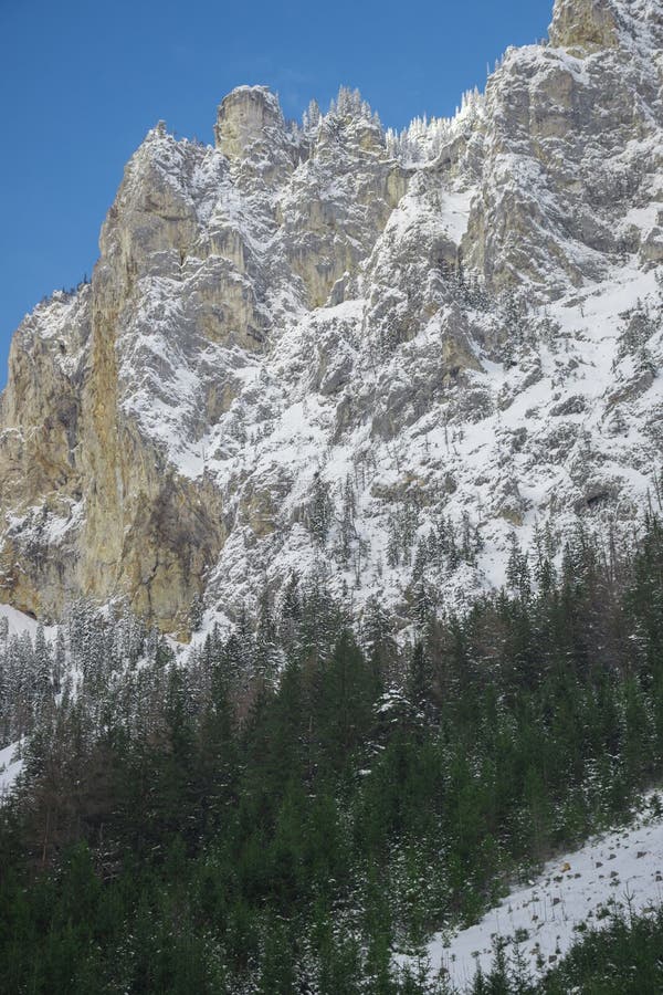 Detail of mountain face with rocks, snow and trees near Green lake Grunner see in sunny winter day. Famous tourist destination