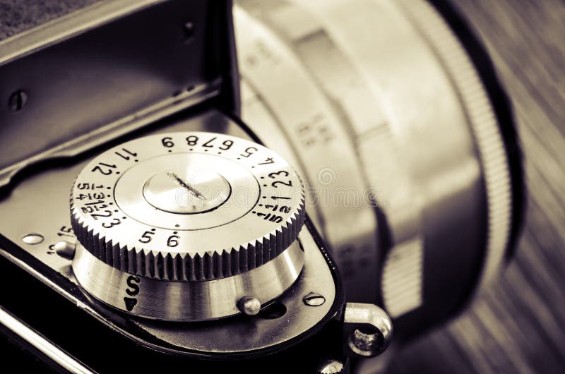 Detail of old classic camera in vintage style stock photos