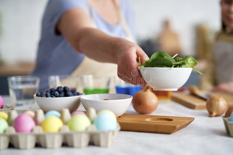 Close Up of Preparation Natural Dyes for Coloring Eggs Stock Photo
