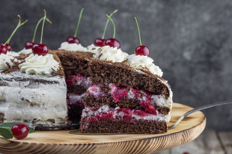 Detail on a Slice of a Black forest cake, or traditional austria schwarzwald cake from dark chocolate and sour cherries stock photo Detail on a Slice of a Black forest cake, or traditional austria schwarzwald cake from dark chocolate and sour cherries stock photo