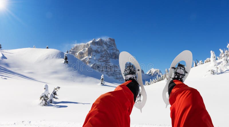 Detail of snowshoe hiker legs ready for walking royalty free stock photo Detail of snowshoe hiker legs ready for walking royalty free stock photo
