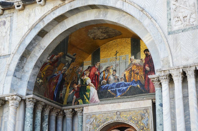 Detail of St Mark`s church, catholic religious painting with jesus christ died in the middle, Venice