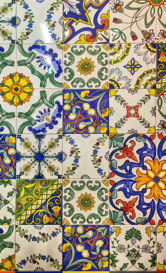 Detail of the traditional decorative tiles with majolica patterns. Spain traditional tiles. Floral ornament.