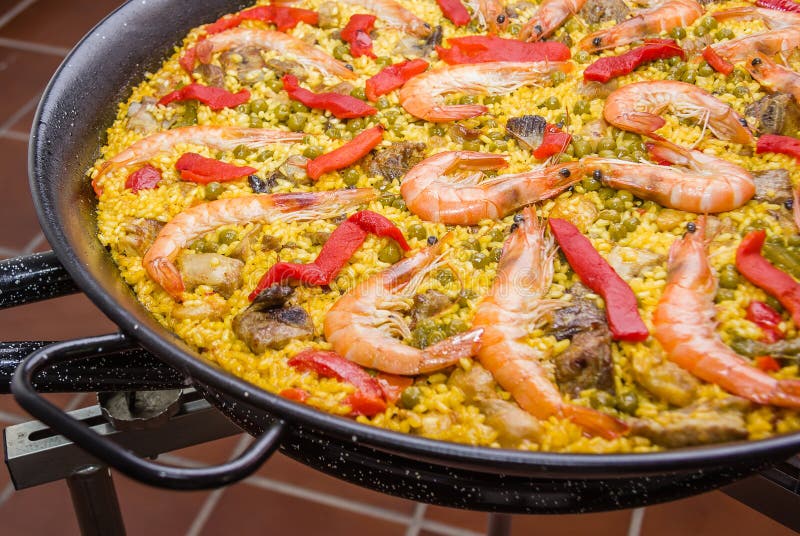 Detail of traditional spanish paella cooked in a pan royalty free stock images Detail of traditional spanish paella cooked in a pan royalty free stock images